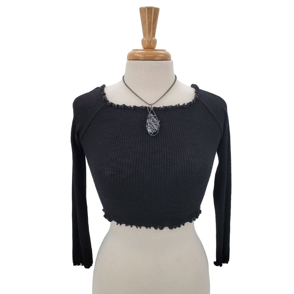 Windsor Womens Black Crop Top Size L Long Sleeve Ribbed‎ Ruffle Trim Y2K 90s